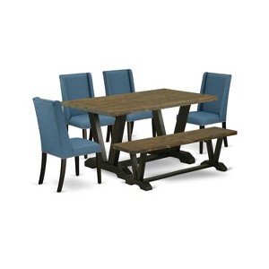 HomeStock 6-Piece Rectangle Distressed Jacobean Finish Solid Wood Top Dining Table with 1-Bench, 4-Chairs - 1 of 4