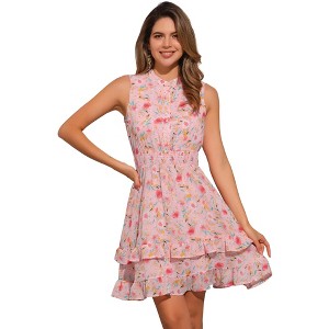Allegra K Women's Regular Fit Floral A-line Smocked Waist Tiered Ruffled Chiffon Mini Dress - 1 of 4