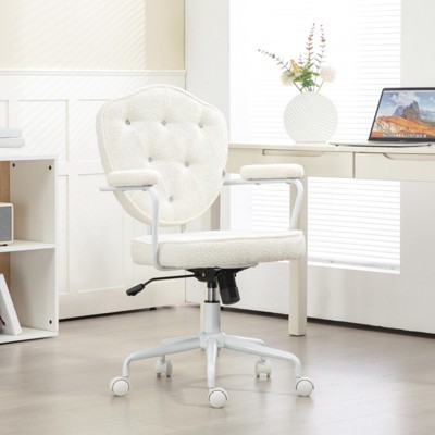 SKRAN Cute Home Office Chair, Computer Desk Chair with Button Tufted Teddy Bear Fleece, Swivel Vanity Chair for Home Office