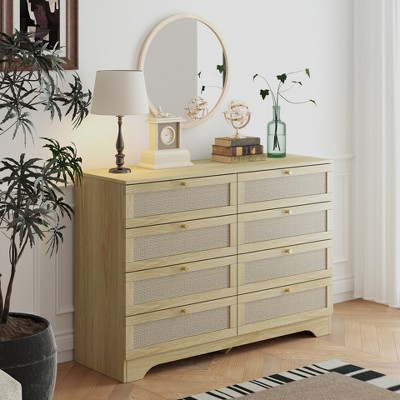 KTMBDW 8 Drawer Double Dresser for Bedroom, Rattan Chest of Dressers, Modern Wooden Dresser Chest with Golden Handles for Living Room,Entryway,Natural