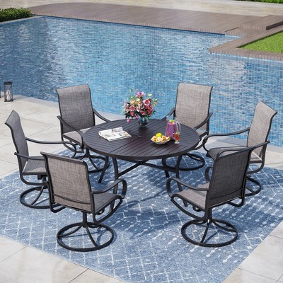 Captiva Designs 7pc Black Round Slatted Steel Table with Umbrella Hole & Textilene Swivel Chairs