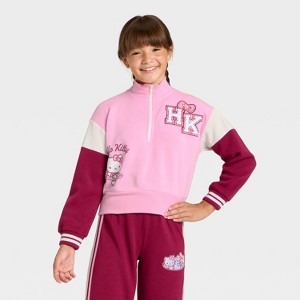Girls' Hello Kitty Quarter Zip Fleece Sweatshirt - Burgundy/Ivory/Pink - 1 of 4