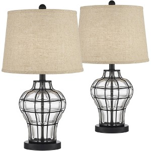 360 Lighting Hudson Rustic Table Lamps 23" High Set of 2 Bronze Metal Glass Cream Burlap Linen Drum Shade for Bedroom Living Room Bedside Nightstand - 1 of 4