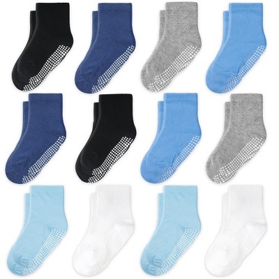 CozyWay Non-Slip Crew Grip Boys Socks, 12 Pack for Boys, Black/White/Gray/Blue/Light Blue/Aqua, 5-7 Years Old