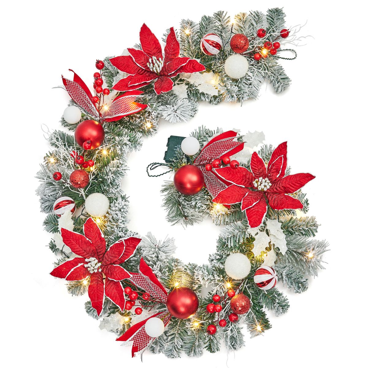 Garvee 6ft Christmas Garland with Lights for Mantle, Prelit Xmas Garland with Timer, Battery Snow Flocked Holiday Decor for Fireplace Stair Railing
