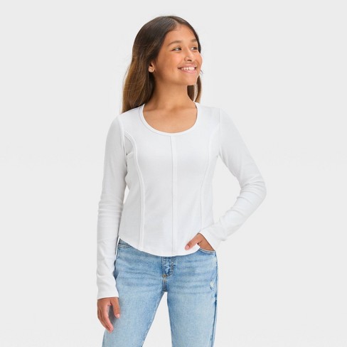 Girls' Long Sleeve Knit Corset Top - Art Class™ White S : Target