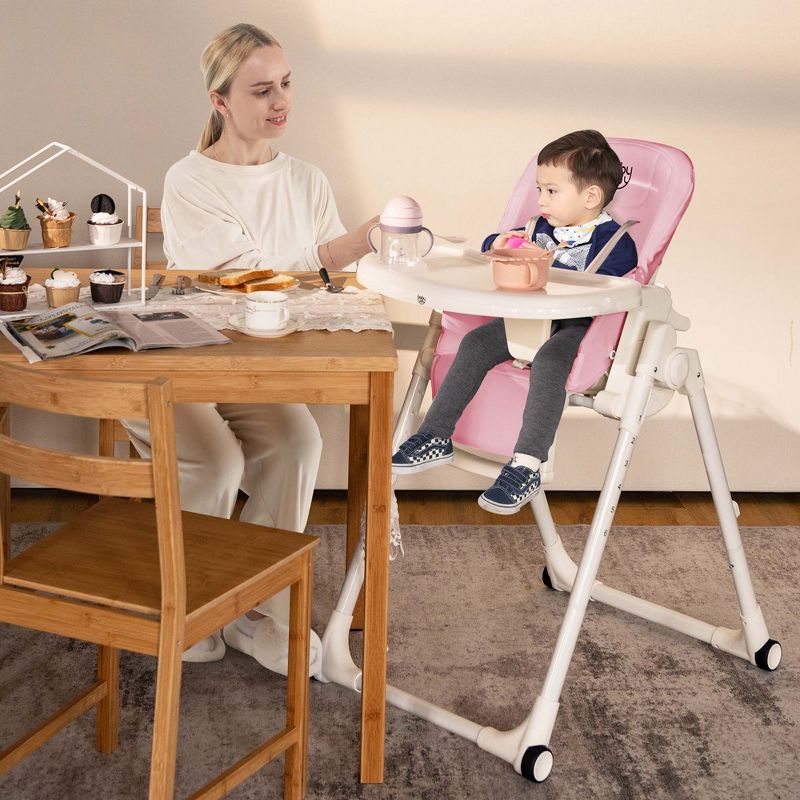 Babyjoy 4-in-1 Foldable Baby High Chair Height Adjustable Feeding Chair with Wheels Grey/Beige/Pink, 5 of 9