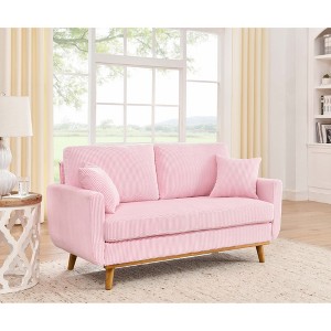 2-Seater Corduroy Mid-Century Sofa with Flared Arms, Solid Wood Frame and 2 Throw Pillows for Apartment or Small Living Room - 1 of 4