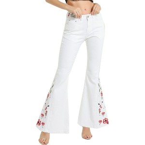 Anna-Kaci Women's Floral Daisy Embroidered Mid Rise Bell Bottom Fashion Style Jeans for Casual Looks - 1 of 4