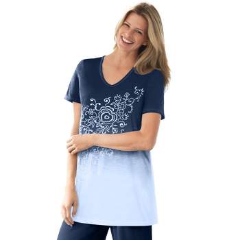 Woman Within Women's Plus Size Short-Sleeve V-Neck Embroidered Dip Dye Tunic