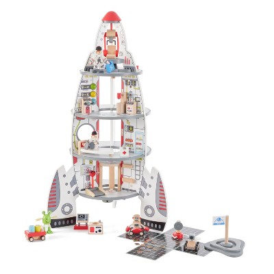 Hape Multi Level 4 Tier 37 Piece Wooden Discovery Spaceship Center Kids Activity Play Set with Multiple Rooms and Accessories
