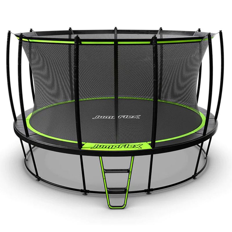 JumpFlex HERO 14' Round Trampoline for Kids Outdoor Backyard Play Equipment Playset with Net Safety Enclosure & Ladder, 550LB Capacity, Green/Black, 1 of 7