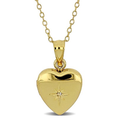 EVERLY JEWELRY | Yellow Plated Sterling Silver 12mm Heart Locket Pendant with Diamond Accent & Cable Chain, 18-inch