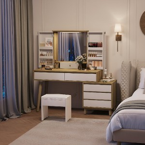 Small Vanity Desk with Lighted Mirror, 6 Drawers & Open Storage Shelves, Space-Saving Wood Vanity Table, Modern White Dressing Table for Bedrooms, - 1 of 4