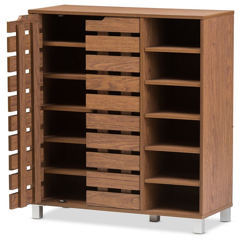 Shirley Modern and Contemporary 2 - Door Shoe Cabinet with Open Shelves - Walnut Brown - Baxton Studio, 4 of 6