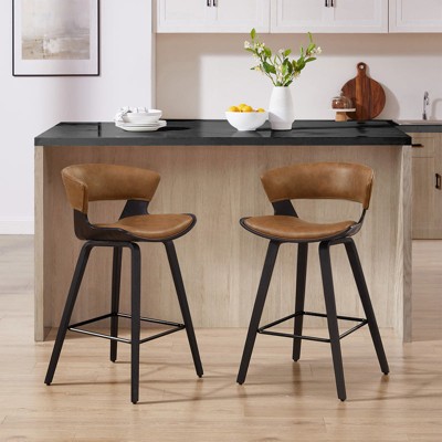 HOMLUX Set of 2 Oak Bentwood Barstool Mid-Century Ergonomic Curved Seats