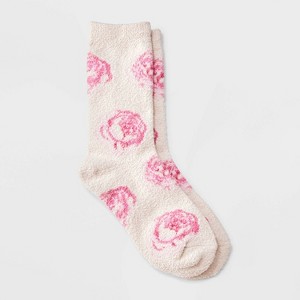 Girls' Floral Cozy Pajama Crew Socks - art class™ Cream - 1 of 3