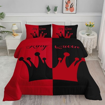 Black & Red Crown Twin Comforter Set – 3-Piece Mr & Mrs Bedding for Couples, Valentine’s Day Wedding Theme, His & Hers Quilt with 2 Pillowcases