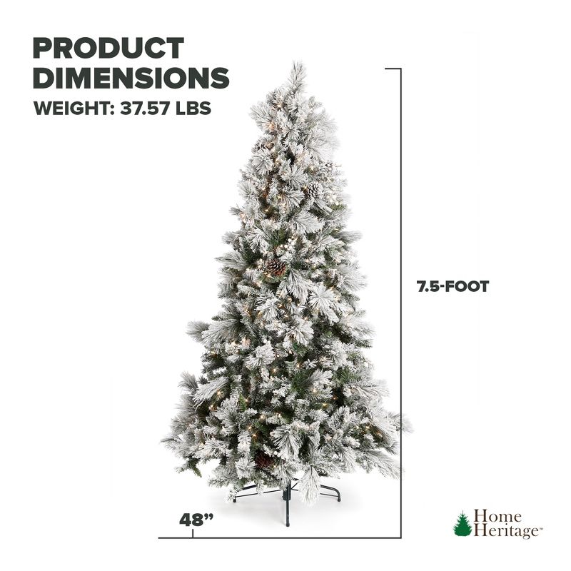 Home Heritage Pre-Lit Snowdrift Flocked Artificial Holiday Tree, Clear Lights, Natural-Looking PVC Foliage Tips, Metal Stand, 3 of 7
