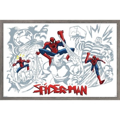 Trends International Marvel Spider-Man: Inked - Trio Framed Wall Poster Prints Barnwood Framed Version 14.725" x 22.375"