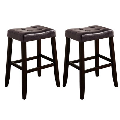 Set of 2 Wooden Stools with Saddle Seat and Button Tufting Brown - Benzara