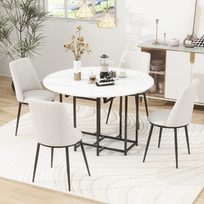 5-Piece Extendable Dining Set,Round Dining Table with Faux Marble Top and Metal Legs,4 Upholstered Foldable Dining Chairs for Small Space-Tanpinhause