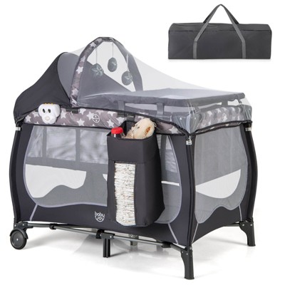 Infans 5-in-1 Portable Baby Playard with Bassinet, Adjustable Canopy, Changing Table, Lockable Wheels, Music Box, Travel Baby Crib Bassinet, Gray