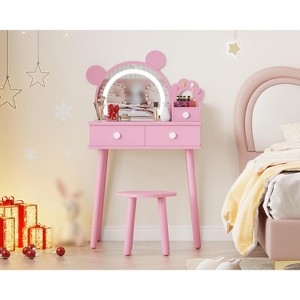 Kids Vanity Table with Lighted Mirror & Stool, Bear-Shaped Vanity Table Set with 2 Drawers, Little Girl Dressing Table, Pretend Play Vanity Set - 1 of 4