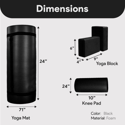 Black High-Density Foam Yoga Mat Set with Knee Pad and Blocks