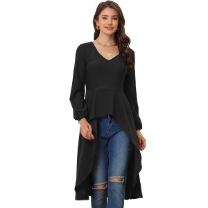 Allegra K Women's V Neck High Low Hem Peplum Long Tunic Blouses - 1 of 4