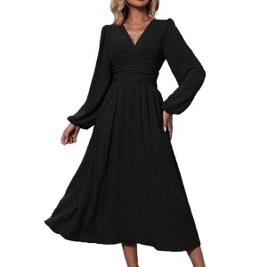 Clearlove Women's Spring Fall Dot V Neck Maxi Dress Casual Puff Long Lantern Sleeve A-Line Flowy Dress - 1 of 4