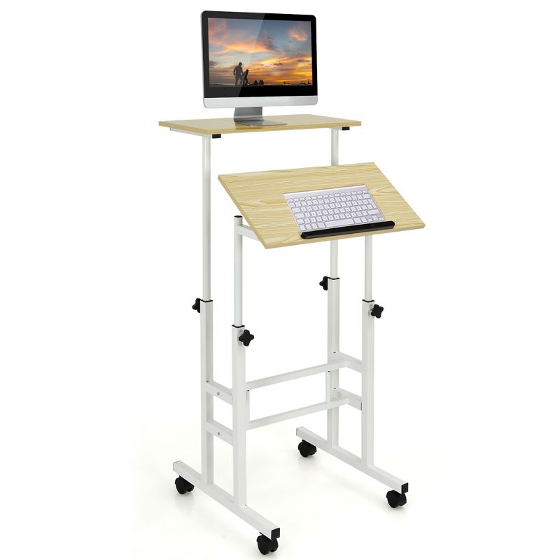 Costway Mobile Standing Desk Rolling Adjustable Laptop Cart Home Office Walnut\Natural, 1 of 11
