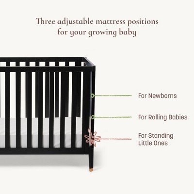 Three adjustable mattress positions graphic labeling for newborns, rolling babies, standing little ones