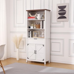 72 Inch Bookshelf Bookcase with Doors, 6-Tier Farmhouse Bookshelf with Cabinet and Drawer, with Adjustable Shelf for Living Room - 1 of 4