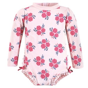 Hudson Baby Girls Rashguard Toddler Swimsuit, Pink Navy Roses - 1 of 2