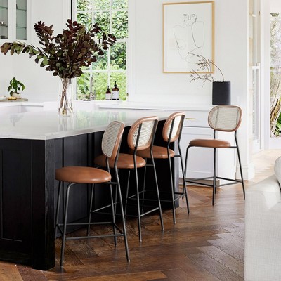Arceso 24 Inch Faux Leather Bar Stools Set of 4, Rattan and Wood Backrest with Metal Legs, Modern Upholstered Round seat Chair