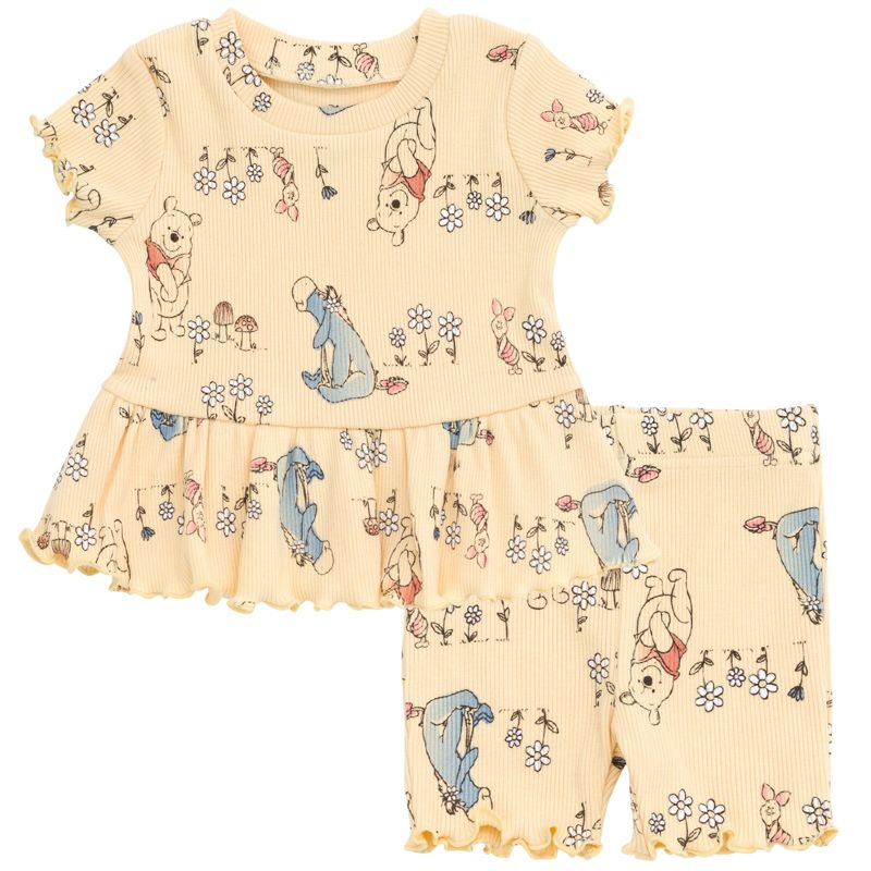 Disney Winnie the Pooh Minnie Mouse Lilo & Stitch Peplum T-Shirt and Bike Shorts Outfit Set Newborn to Big Kid, 1 of 8