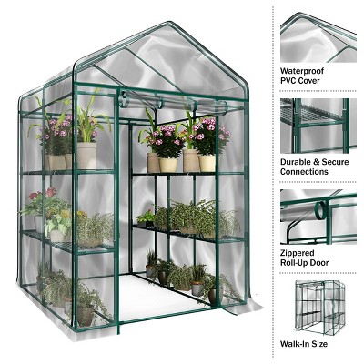 Clear PVC Walk-In Greenhouse with 8 Shelves and Steel Frame