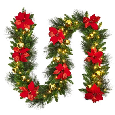 Christmas Garland with Lights&Christmas Wreaths for Front Door Set,Christmas Decoration with Pine Cones