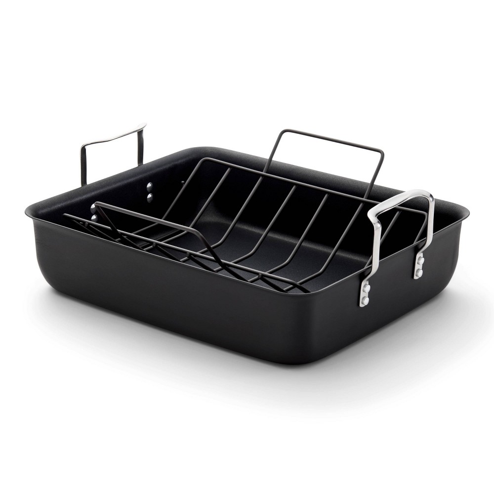 Calphalon Hard Anodized Nonstick Roaster with Rack: 16" Anodized Aluminum, Silicone Handles, Hand Wash, 10-Year Warranty