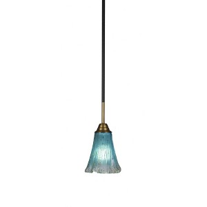 Toltec Lighting Paramount 1 - Light Pendant in  Matte Black/Brass with 5.5" Fluted Teal Crystal  Shade - 1 of 1