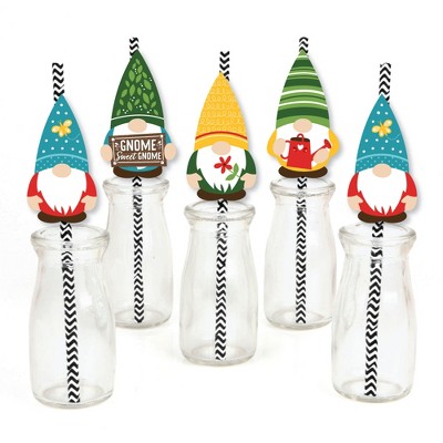 Big Dot of Happiness Garden Gnomes - Paper Straw Decor - Forest Gnome Party Striped Decorative Straws - Set of 24