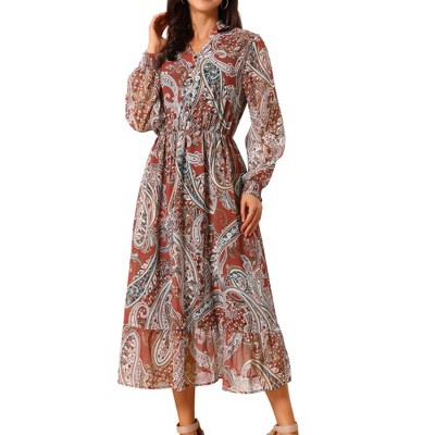 INSPIRE CHIC Women's V Neck Boho Floral Long Sleeve High Waist Smocked Cuff A-Line Flowy Midi Dress
