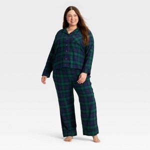 Women's Plaid Flannel Long Sleeve Shirt and Pants Holiday Matching Family Pajama Set - Wondershop™ Navy Blue - 1 of 4