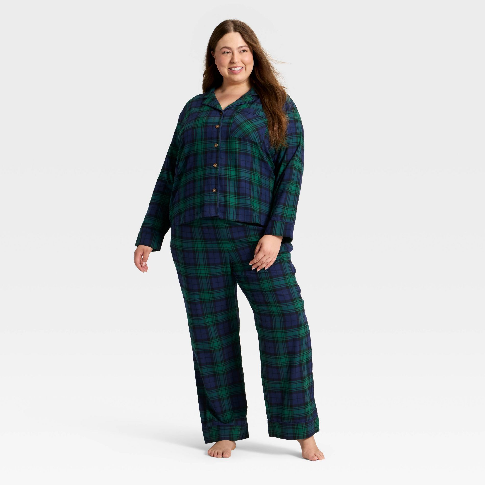 Women's Plaid Flannel Long Sleeve Shirt and Pants Holiday Matching Family Pajama Set - Wondershop™ Navy Blue