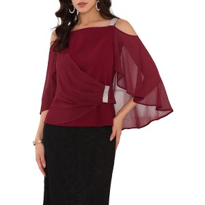 INSPIRE CHIC Women's Cold Shoulder Elegant Chiffon Ruched Cocktail Blouse - 1 of 4