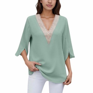 Anna-Kaci Women's V-Neck Blouse with Lace Trim Detail and 3/4 Split Sleeves Relaxed Fit - 1 of 4