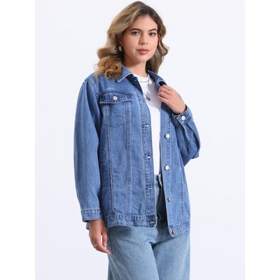 Allegra K Women's Oversized Long Sleeve Pocket Long Jean Jacket X-Large Light Blue — фото 4