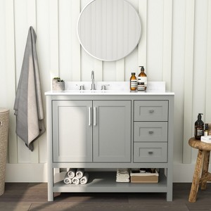 Merrick Lane Bathroom Vanity with Ceramic Sink, Carrara Marble Finish Countertop, Storage Cabinet with Soft Close Doors, Open Shelf and 3 Drawers - 1 of 4