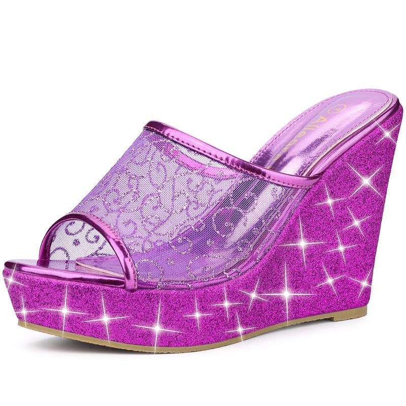 Allegra K Women's Glitter Platform Slip on Wedge Slide Sandals, 1 of 7